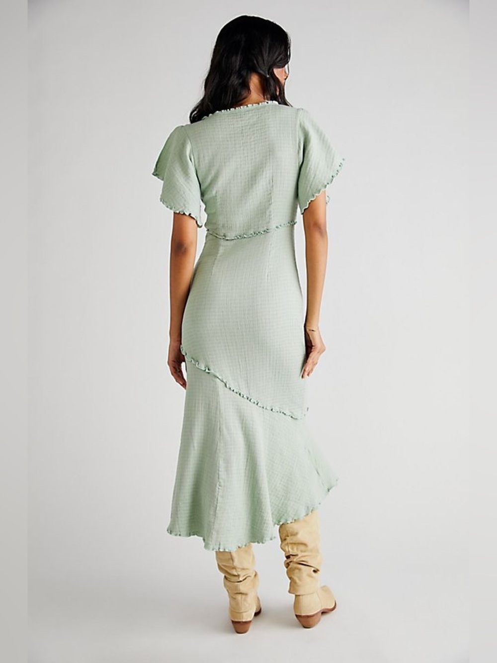 Free People Mint Green Tie-Front Ruffle Maxi Dress Big Mood Midi Size XS - Picture 3 of 15
